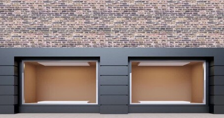 Wall Mural - 4k. the view of an empty shop window on brick wall background