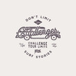 © jeksonjs - Summer t shirt design. Vintage hand drawn label. Don't limit challenges sign. Retro surf car and typography elements. Retro tee graphics isolated on white background. Stock vector illustration.