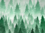 Fototapeta Natura - Hand drawn watercolor illustration. Landscape of cloudy, mystic , coniferous forest on ye mountaind. Cloud, fog, trees, cold, winter