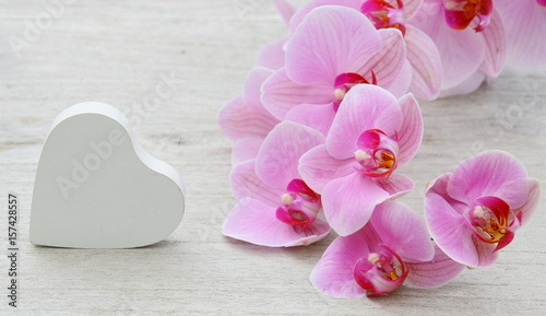 Zdjęcie XXL gałąź różowa orchidea i biały serce, dekoracja, romantyczny