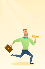 Canvas Print - Business man eating hot dog vector illustration.