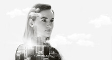 Portrait Of Attractive Business Woman, Double Exposure Concept With Business Woman And Panoramic View Contemporary Megalopolis Background