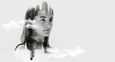 double exposure concept with business woman, portrait of attractive woman looking on future, space f