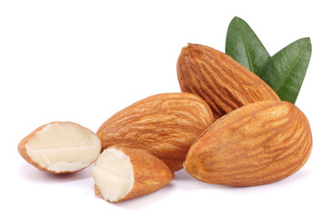 almond with green leaf isolated on white background