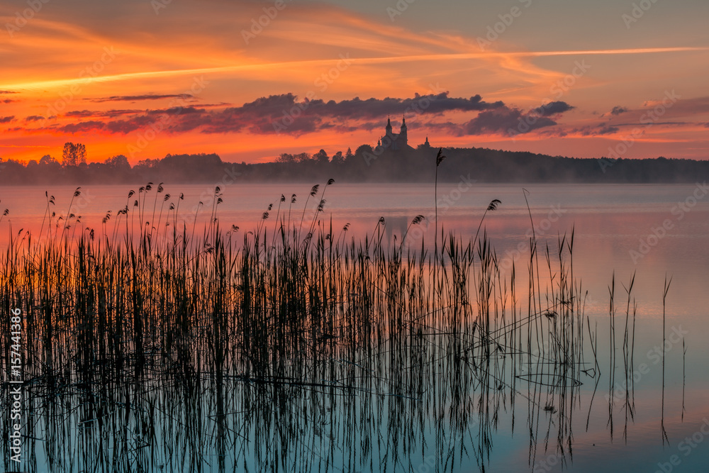 Sunrise, Masurian Lake District, Camaldolese Monastery, Lake Wigry - obrazy, fototapety, plakaty 