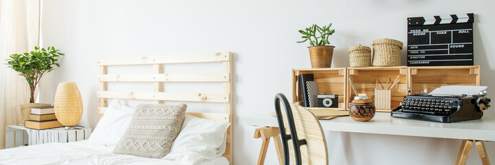 Sticker - White bedroom with wooden bed