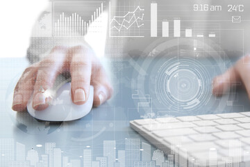 concept of business analytics and modern technology. woman using mouse for work with computer, close