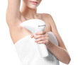 © Africa Studio - Beautiful young woman with laser epilator on white background, closeup