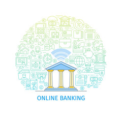 Poster - Online banking concept. Design template with flat line icons on theme internet bankig, online payments and bank wire transfer. Vector illustration