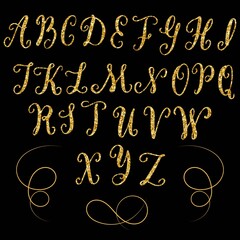 Wall Mural - Hand drawn latin vintage alphabet, set of black upper capital letters with golden glitter texture effect, isolated on black. Vector typography illustration.