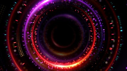 Poster - 
3d rendered circular flares tunnel. Random shapes forms a bright background. Abstract light shapes. Glow and shine effects. Loopable camera fly in.