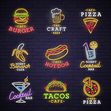Food And Drink Neon Sign. Neon Sign, Bright Signboard, Light Banner