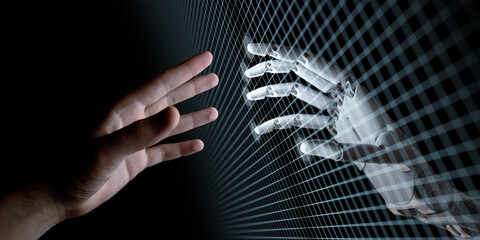 hands of robot and human touching through virtual grid on black background. virtual reality or artif