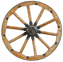 Classic Old Antique Wooden Wagon Wheel With Black Metal Brackets And Rivets. Wheel With Wooden Spokes. Old Fashion Horse Vehicle Waggon Wheel. Traditional Cannon Wheel Isolated On White