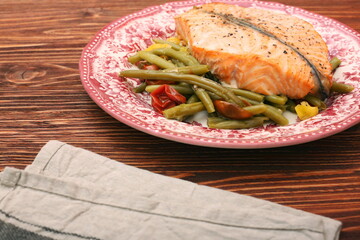 Wall Mural - Salmon steak, veggies and herbs