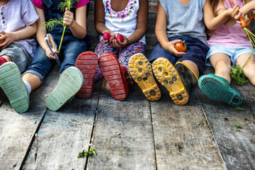 Wall Mural - Group of kindergarten kids little farmers learning gardening