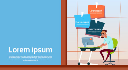 Poster - Business Man Sitting Desk Office Working Computer Desktop Copy Space Flat Vector Illustration