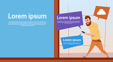 Poster - business man walking use cell smart phone surfing internet online banner with copy space flat vector