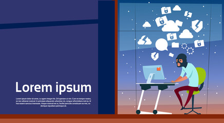 Poster - Man Sitting At Computer Hacker Activity Concept Viruses Data Privacy Attack Internet Information Security Flat Vector illustration
