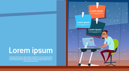 Poster - Business Man Sitting Desk Office Working Computer Desktop Copy Space Flat Vector Illustration