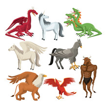 Colorful Set Animal Greek Mythological Creatures Vector Illustration