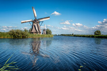 Beautiful Dutch Windmill Landscape At Kinderdijk In The Netherlands