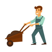 Cartoon Man In Overalls With Garden Wheelbarrow Illustration