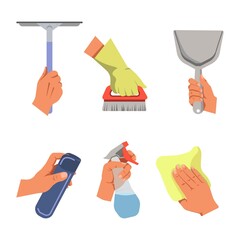 Sticker - Hands holding cleaning tools and products vector poster