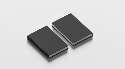 Fototapete - Blank black hardcover books mock up set, front and back side view, 3d rendering. Empty notebook cover mockups, isolated. Bookstore branding template. Plain textbook with clear binding. Booklet above