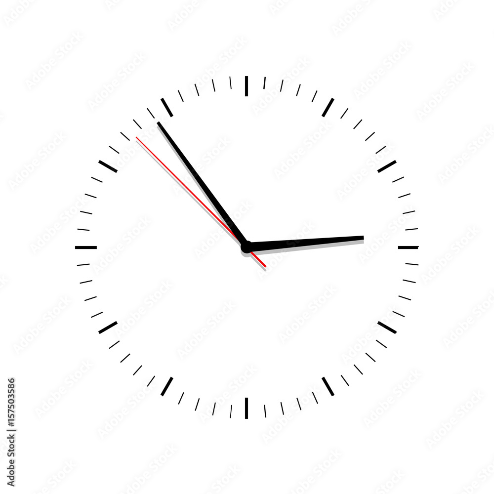 Clock vector . Flat. Classic black and white round wall clock isolated on white. Clock face with shadow on white background. Vector illustration