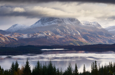 Poster - The summits of Slioch and Beinn a Mhuinidh over Loch Maree in the Scottish Highlands, Scotland, UK.