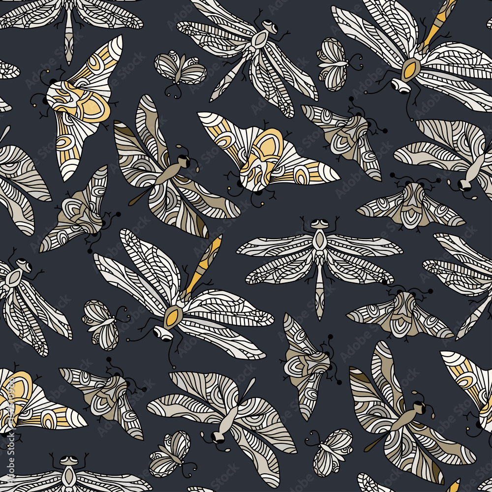 Seamless vector hand drawn pattern with fantasy butterflies ...