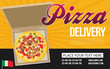 © mix3r - Pizza box vector advertisement banner. Pizza box delivery service.
