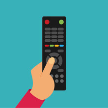Human Hand With Black Remote TV Control. Flat Vector.