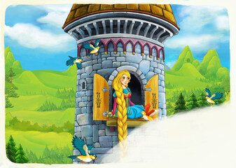 cartoon scene of a princess - girl - sitting in the window / illustration for children / space for text