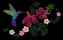 Hawaii Flower Embroidery Arrangement Patch. Fashion Print Decoration Plumeria Hibiscus Palm Leaves. Tropical Exotic Blooming Bird Hummingbird Vector Illustration