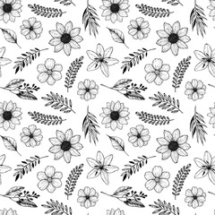 Wall Mural - Hand drawn vector illustration - seamless pattern with flowers and leaves. Floral background. Perfect for invitations, greeting cards, textiles, prints, posters etc