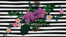 Hawaii Flower Embroidery On Black White Seamless Stripe Background. Fashion Print Decoration Plumeria Hibiscus Palm Leaves. Tropical Exotic Blooming Bouquet Vector Illustration