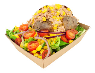 Wall Mural - Tuna fish and sweetcorn filled baked potato with fresh salad in a cardboard take away tray isolated on a white background