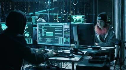 Aufkleber - Team of Internationally Wanted Hackers Teem Organize Advanced Virus Attack on Corporate Servers. Place is Dark and Has Multiple displays. Shot on RED EPIC-W 8K Helium Cinema Camera.
