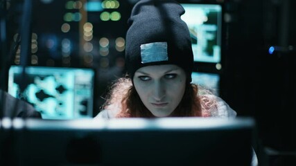 Aufkleber - Nonconformist Teenage Hacker Girl with Pink Hair Attacks Corporate Servers with Malware. Room is Dark, Neon  and Has Many Displays. Shot on RED EPIC-W 8K Helium Cinema Camera.