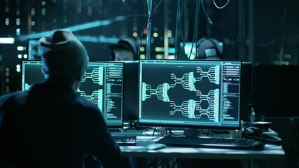 Aufkleber - Team of Internationally Wanted Hackers Teem Organize Advanced Malware Attack on Corporate Servers. Place is Dark and Has Multiple displays.Shot on RED EPIC-W 8K Helium Cinema Camera.