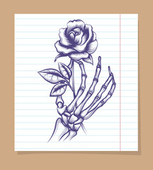 Wall Mural - Skeleton arm sketch with rose on line page. Vector illustration