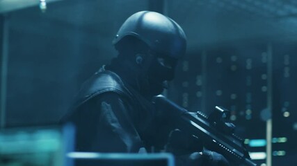 Aufkleber - Special Forces Armed Soldier Enters Hacker's Secret Hideout, He's Ready To Shoot. He Searches the Place and Sees Multiple Working Displays, Cables. Shot on RED EPIC-W 8K Helium Cinema Camera.