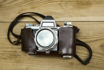 two vintage camera on rustic background