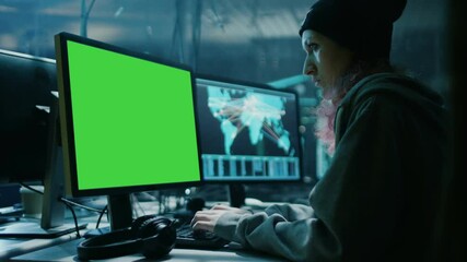 Aufkleber - Nonconformist Teenage Hacker Girl with Pink Hair Attacks Corporate Servers using Her Green Screen Mock-up Computer. Shot on RED EPIC-W 8K Helium Cinema Camera.