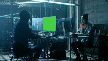 Aufkleber - Team of Internationally Wanted Teenage Hackers with Green Screen Mock-up Display Infect Servers and Infrastructure with Virus.Shot on RED EPIC-W 8K Helium Cinema Camera.
