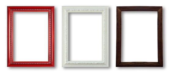 wood frame and white frame and red frame on white background.