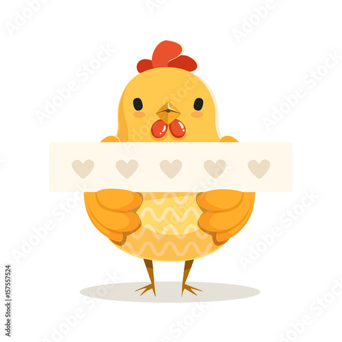 Funny Cartoon Chick Bird Standing And Holding White Banner With