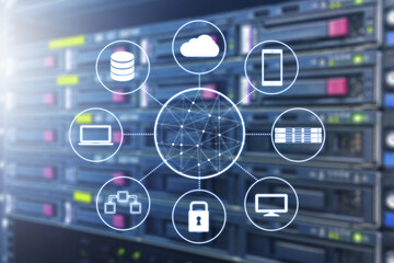 Cloud technology connected all devices with server and storage in datacenter background